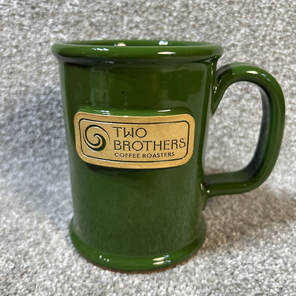 Sunset Hill Stoneware Mug Two Brothers Coffee Roasters Pottery Green Heavy